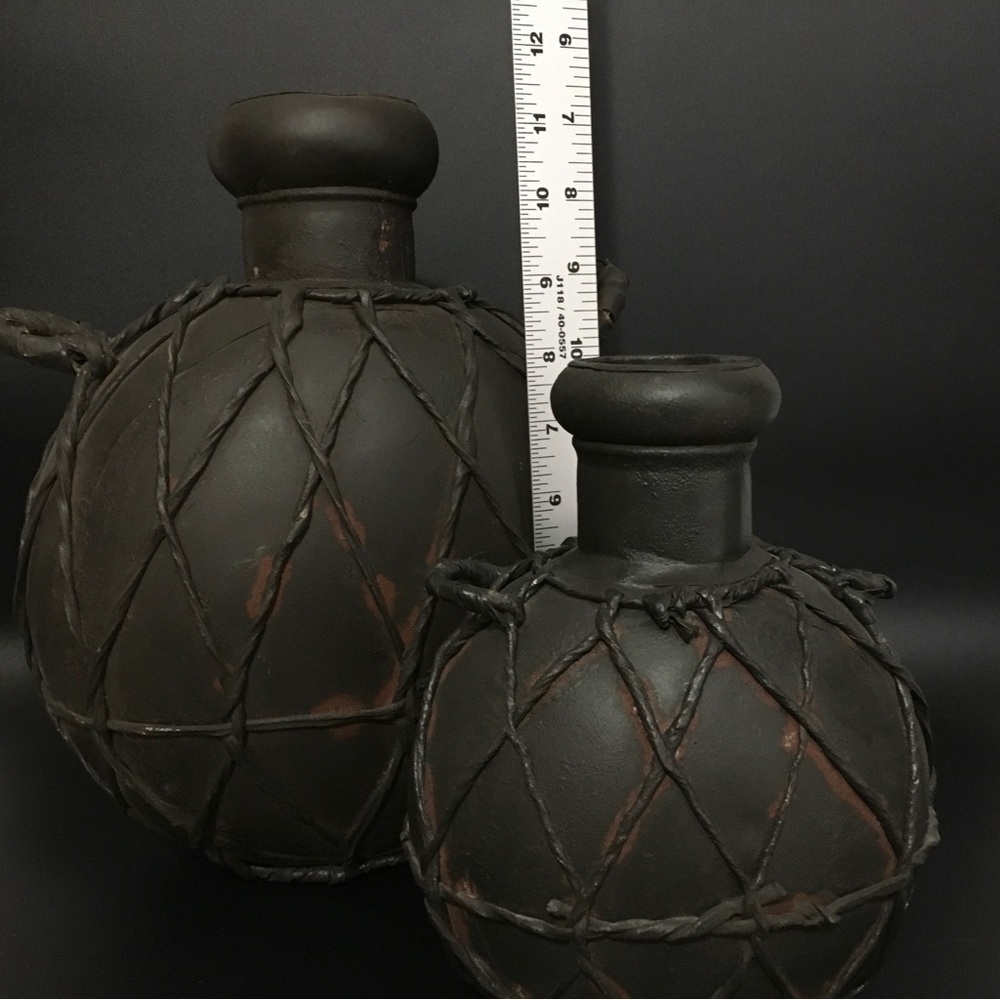 Italian Decorative Leather Wrapped Metal Canteen Water Jugs 12” & 8” Set of 2 - Picture 14 of 16